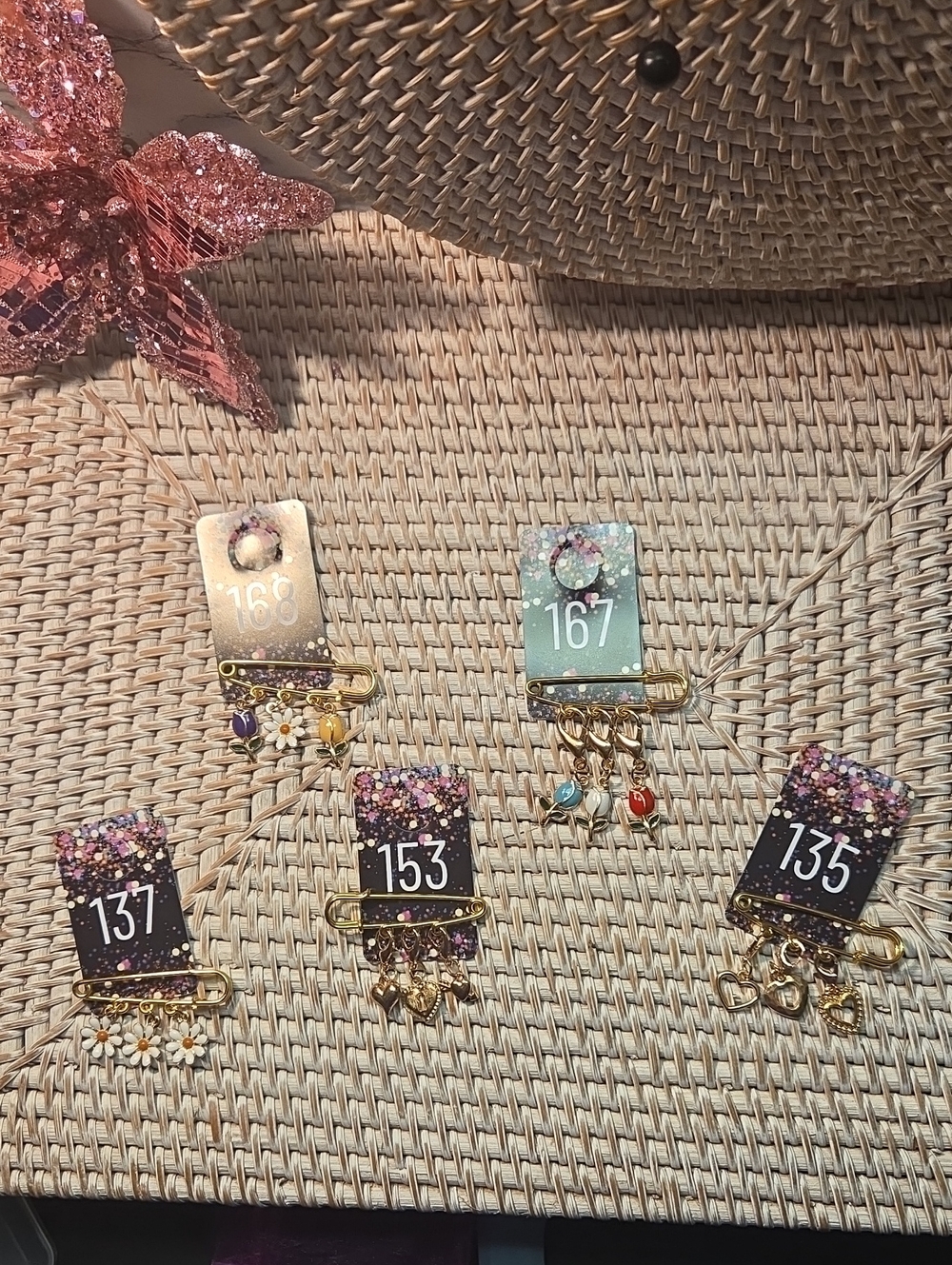 Gold-Tone Floral and Charm Safety Pin Set - Pink, Purple, Teal Accents